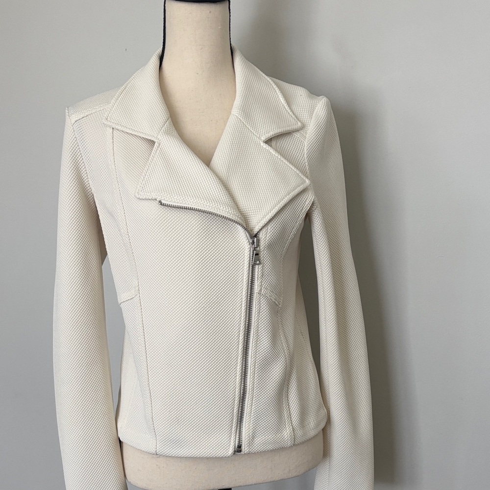 Cream Textured Moto Jacket - Elegant Zip Front